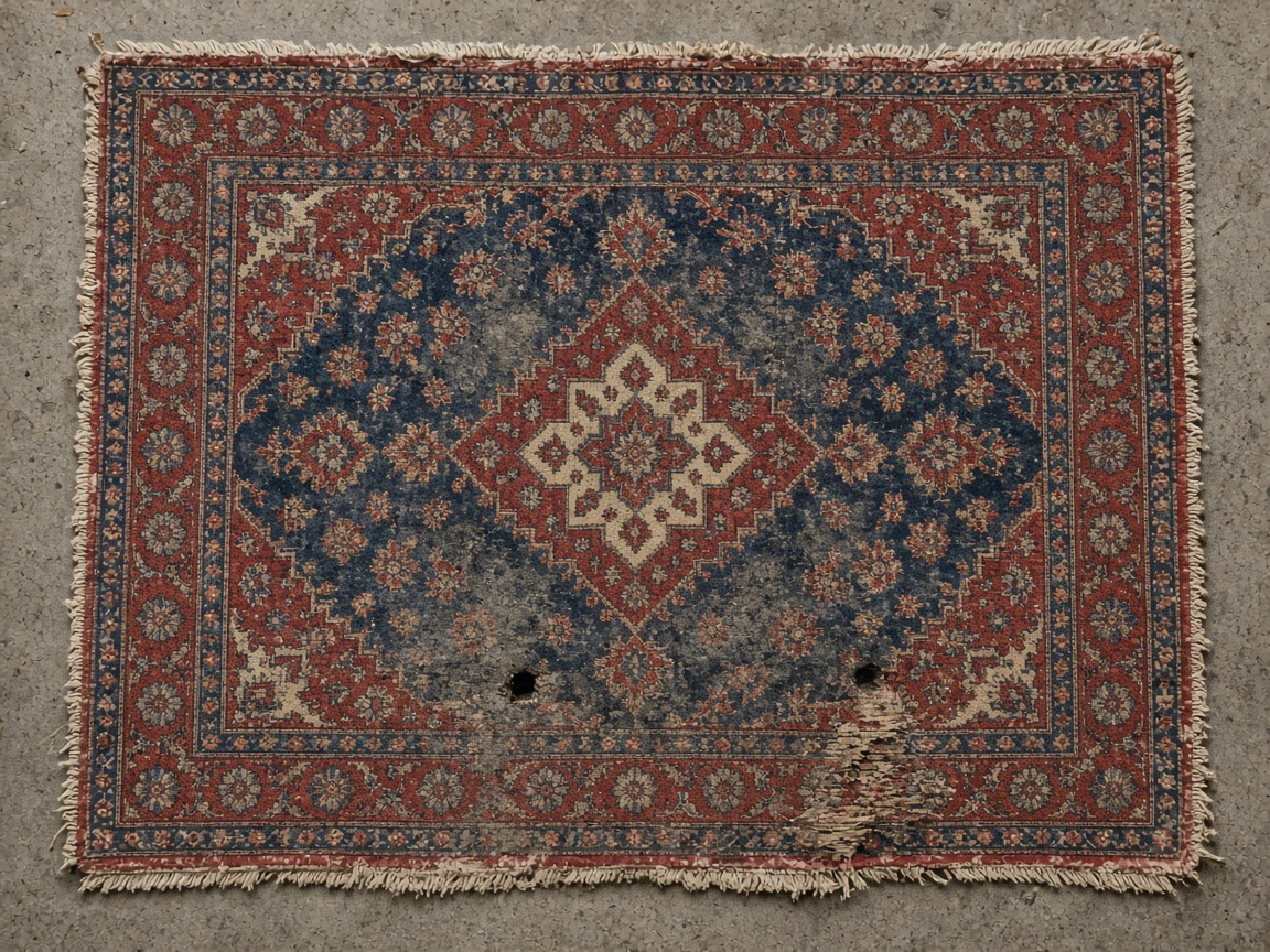 Persian rug before cleaning, dirty with holes
